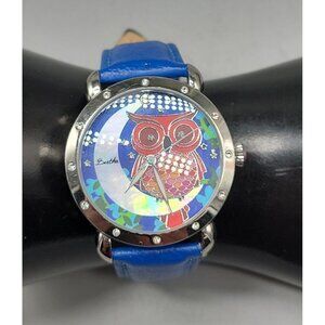 Bertha Ashley Owl Watch Crystal Bezel 38mm Silver Tone 7.5" Blue Leather Band